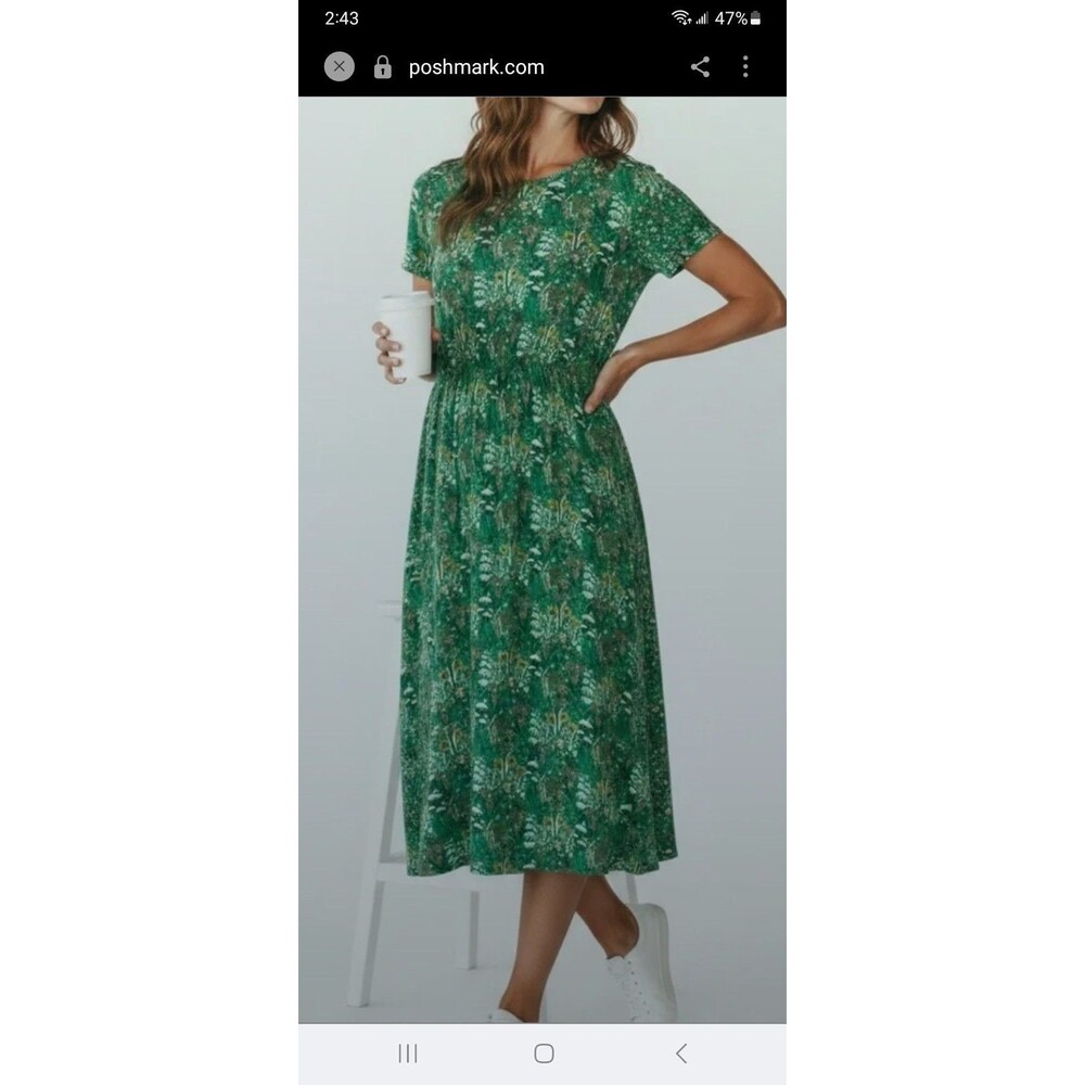 Boden green floral jersey knit dress 14 short sl. pockets colorful casual career